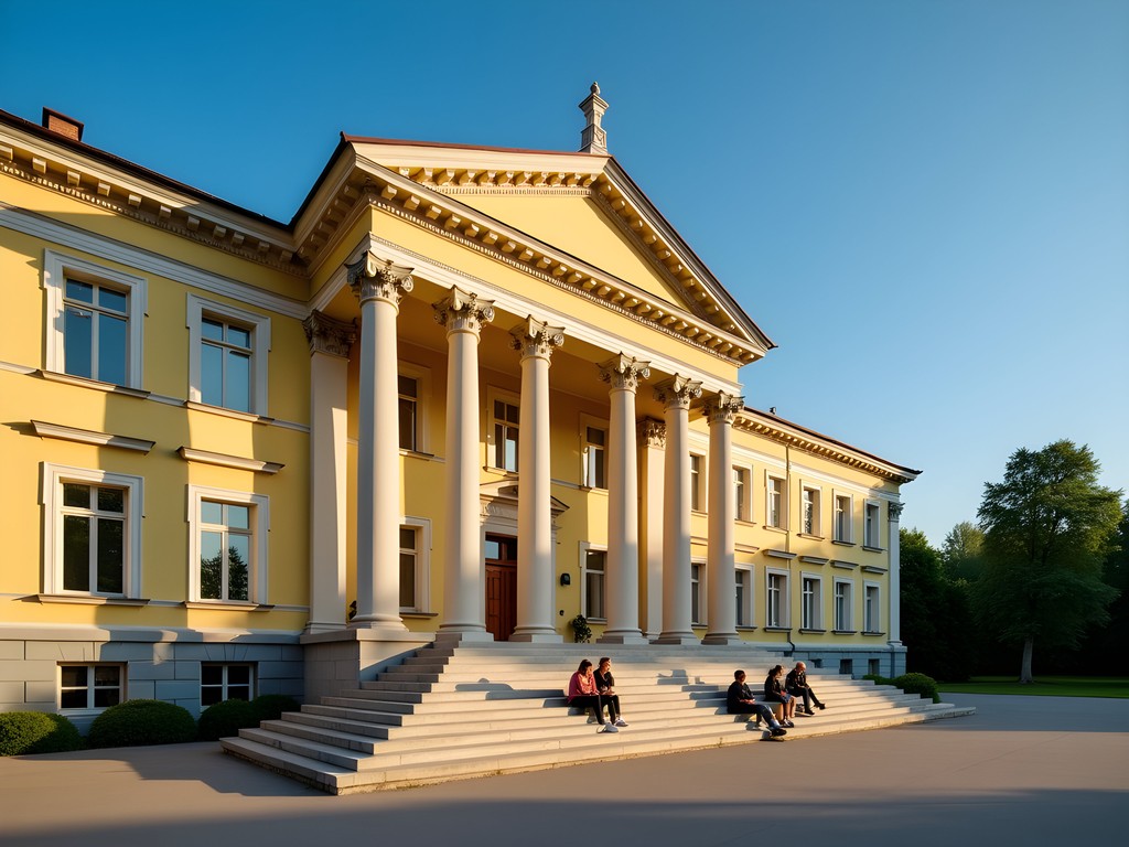 Neoclassical main building of Tartu University with students gathering on steps