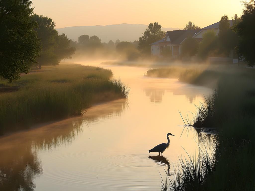 Jordan River in morning mist with urban wildlife and city skyline