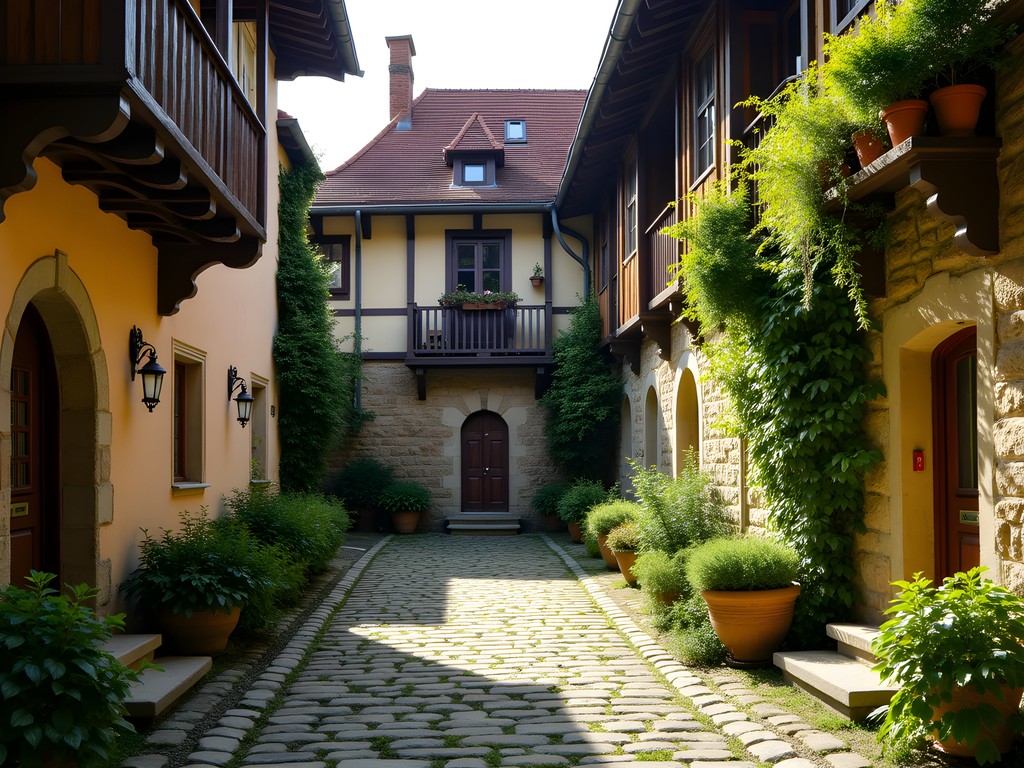 Hidden courtyard with blooming spring flowers behind Renaissance houses in Telč