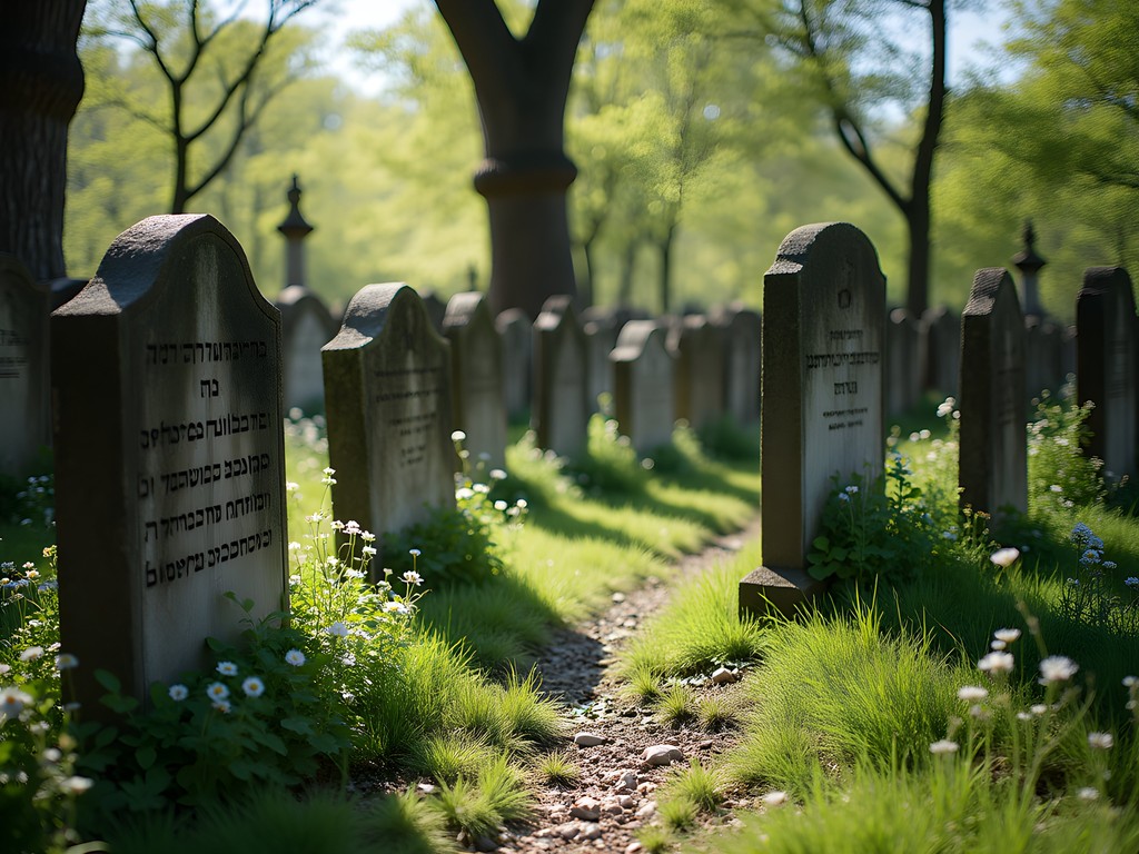 Historic Jewish cemetery in Telč with weathered tombstones and spring wildflowers