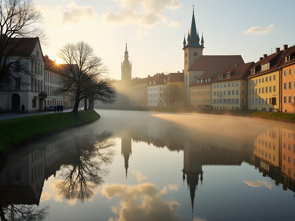 Morning mist rising from Telč's medieval ponds with town reflections