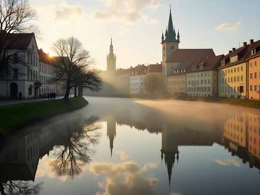 Morning mist rising from Telč's medieval ponds with town reflections