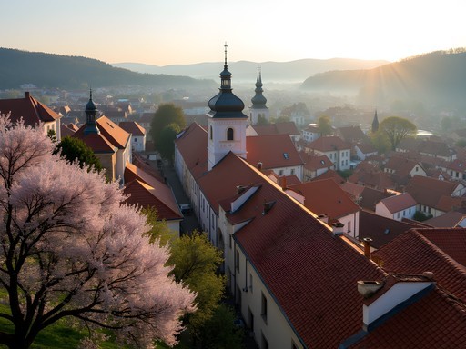 Panoramic view of Telč from the Upper Town with spring blossoms