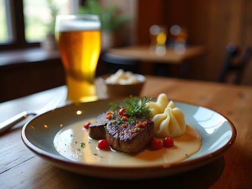 Traditional Czech svíčková na smetaně with bread dumplings at family restaurant in Telč