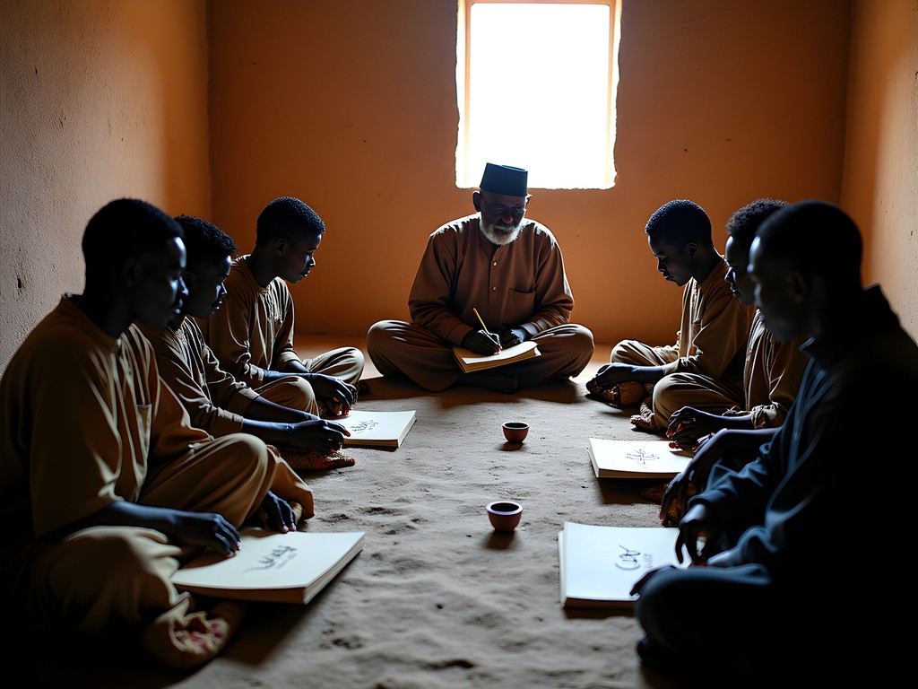 Traditional calligraphy workshop in Timbuktu with master calligrapher teaching techniques