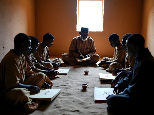 Traditional calligraphy workshop in Timbuktu with master calligrapher teaching techniques