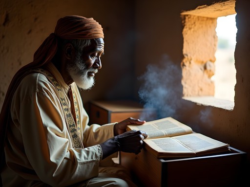 Elderly Malian manuscript guardian showing ancient texts in traditional storage chest