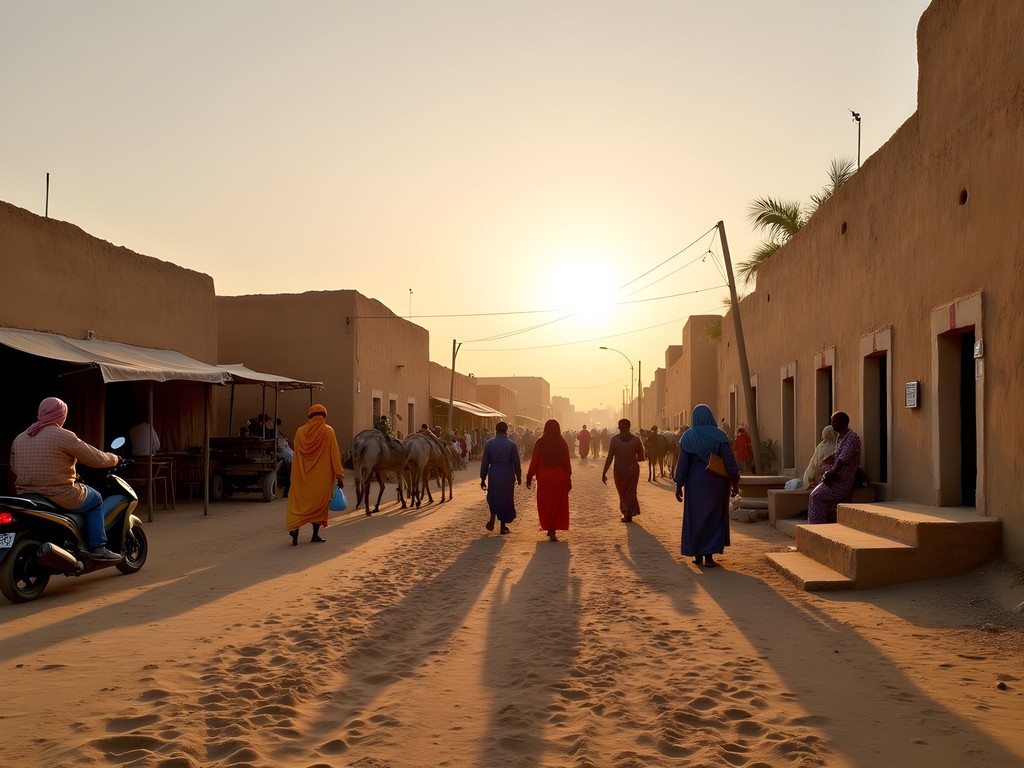 Sandy street in Timbuktu at dusk with mud-brick architecture and local residents