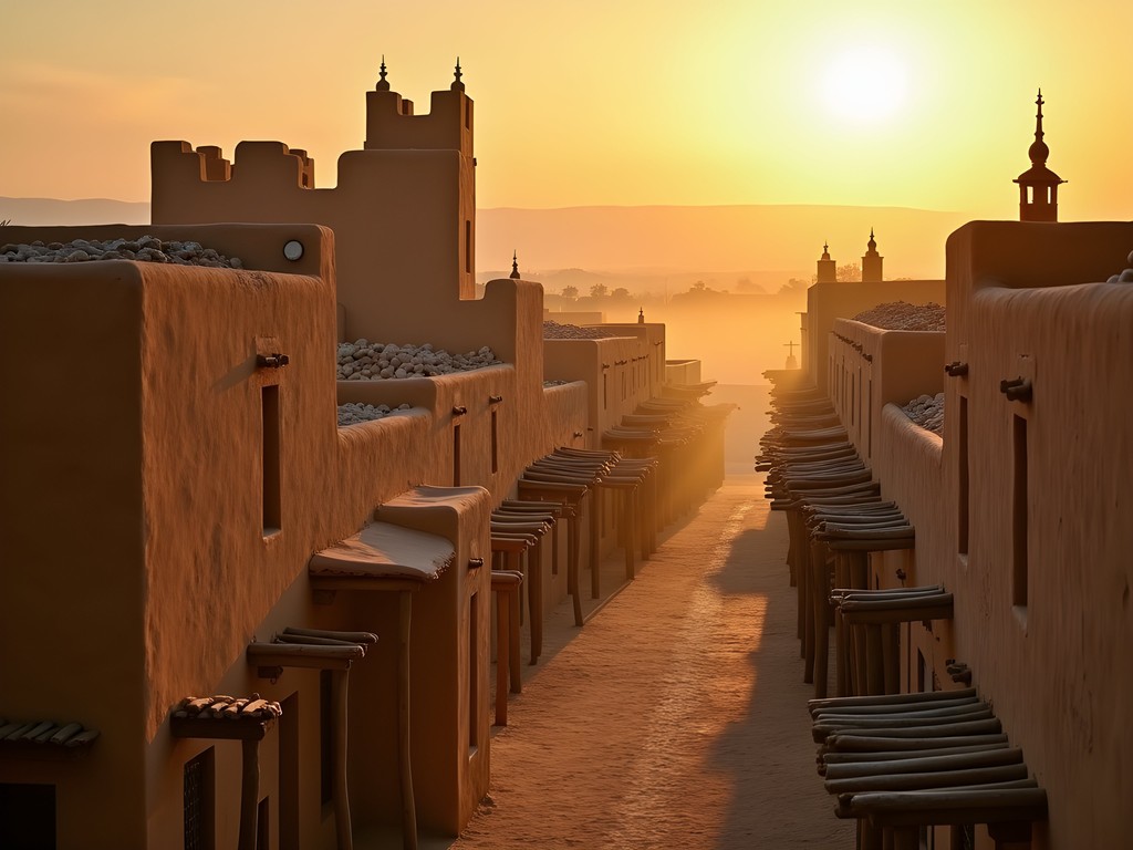 Sunrise over Timbuktu showing mud-brick architecture and desert landscape