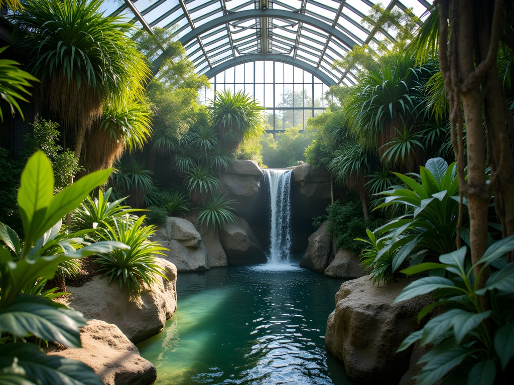 Lush tropical plants and waterfall inside Cloud Gardens Conservatory in downtown Toronto