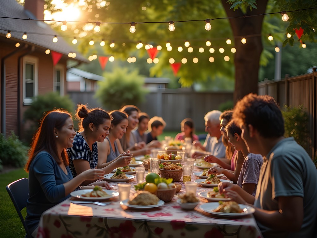 Multicultural community gathering in a Toronto backyard with string lights and shared food