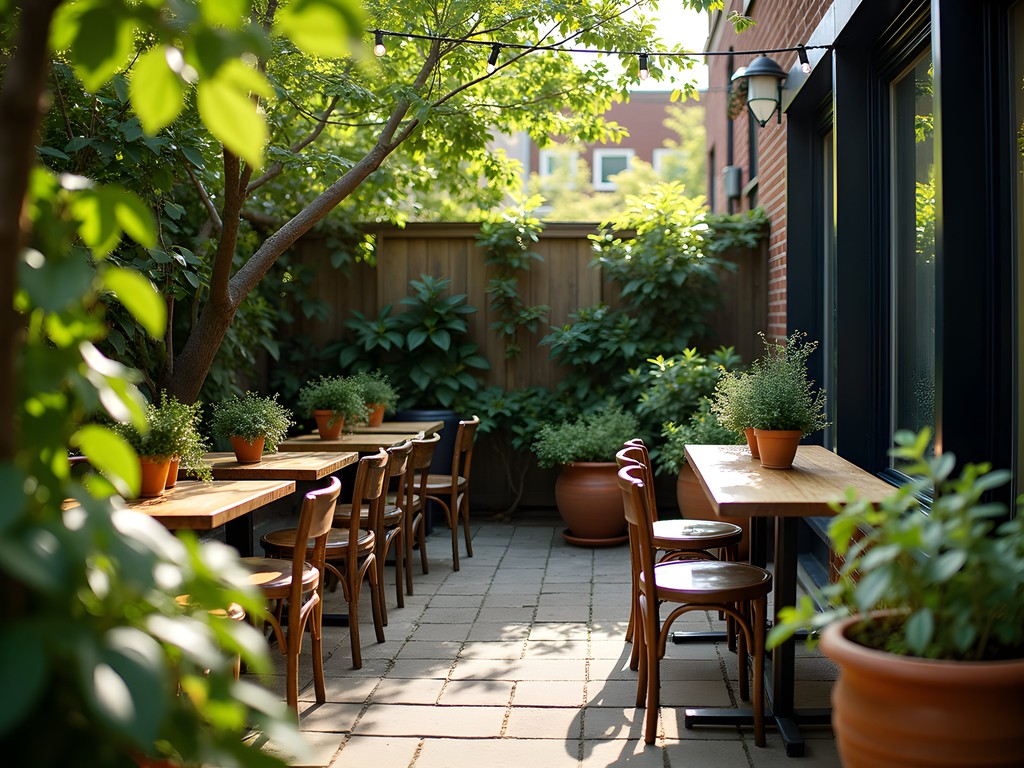 Hidden garden patio behind a Toronto coffee shop with lush plants and string lights