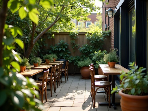 Hidden garden patio behind a Toronto coffee shop with lush plants and string lights