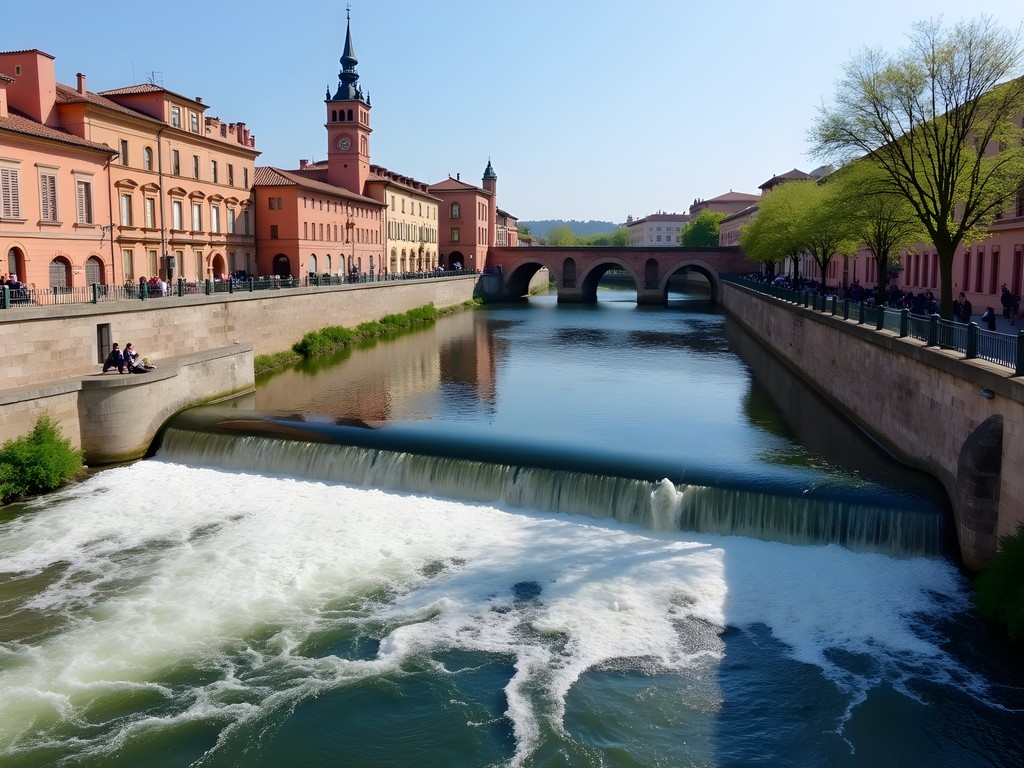 Historic Bazacle weir on Garonne River in Toulouse with pink buildings