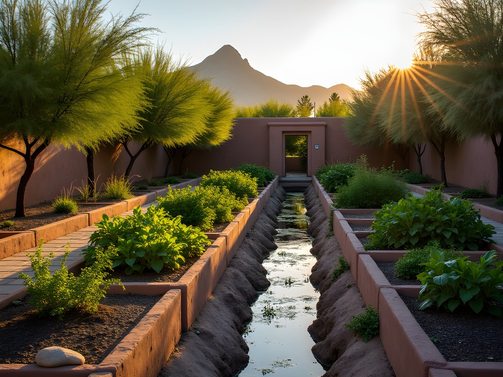 Heritage crops growing at Mission Garden in Tucson with traditional irrigation techniques visible