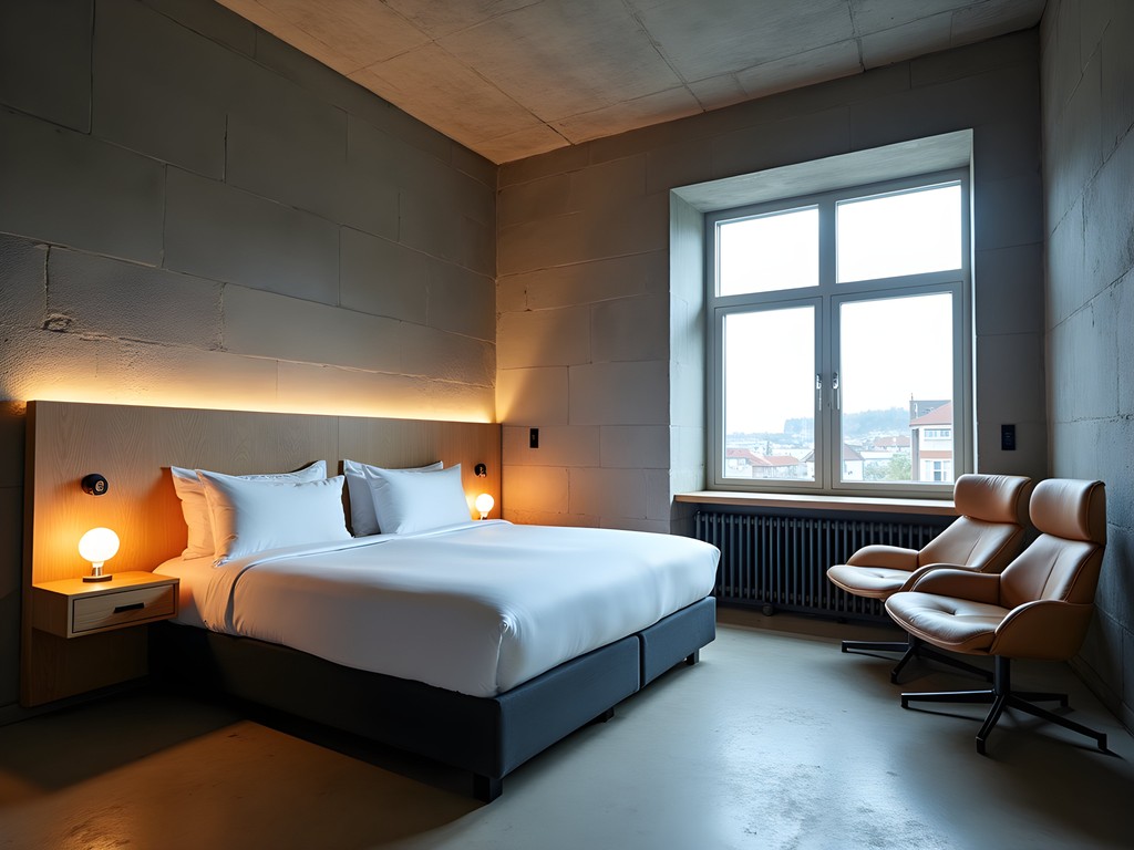Former Kakola prison cell transformed into modern hotel room showing contrast between historic walls and contemporary design
