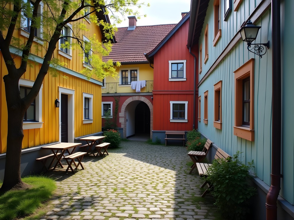 Hidden medieval courtyard in Turku with wooden buildings, cobblestones and spring flowers