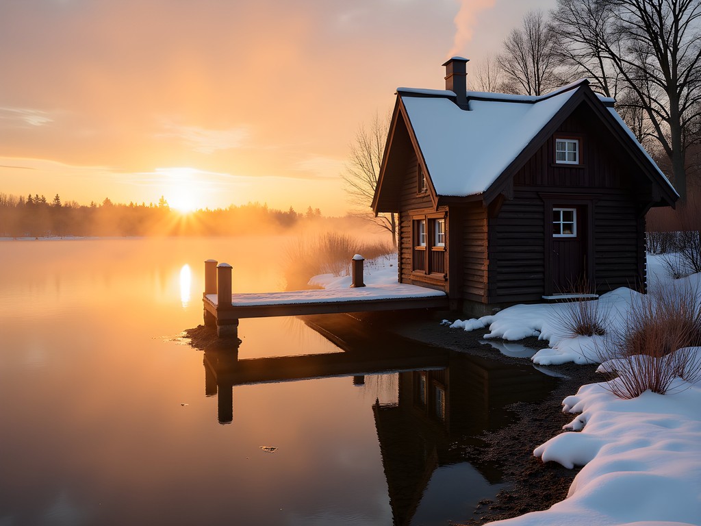 Traditional wooden sauna building on the banks of Aura River at sunset in Turku