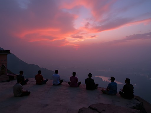 Twilight meditation gathering at Neemach Mata Temple overlooking Udaipur