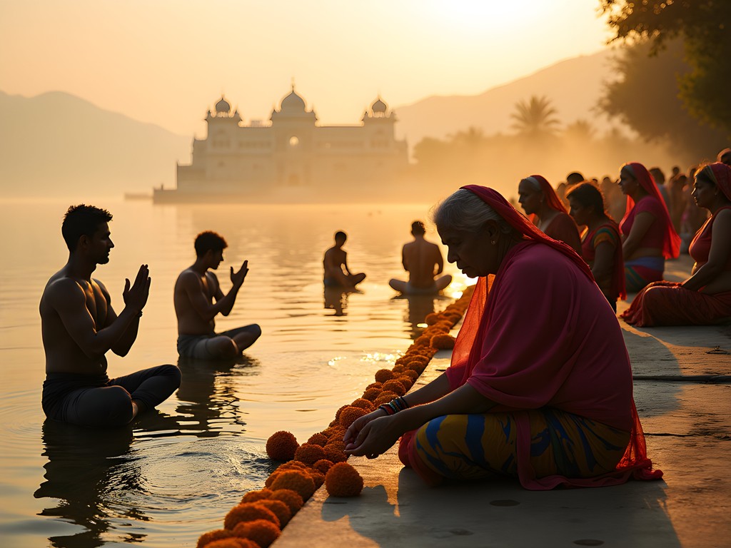 Morning rituals at a quiet ghat on Lake Pichola in Udaipur