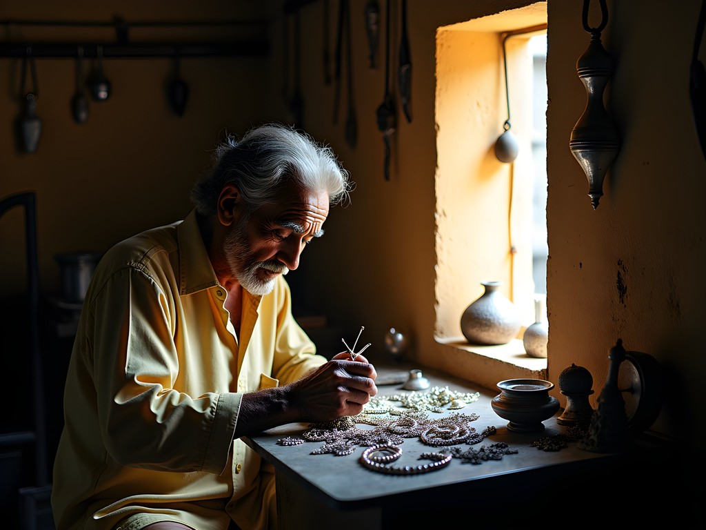 Traditional metalworker crafting silver jewelry in hidden Udaipur workshop