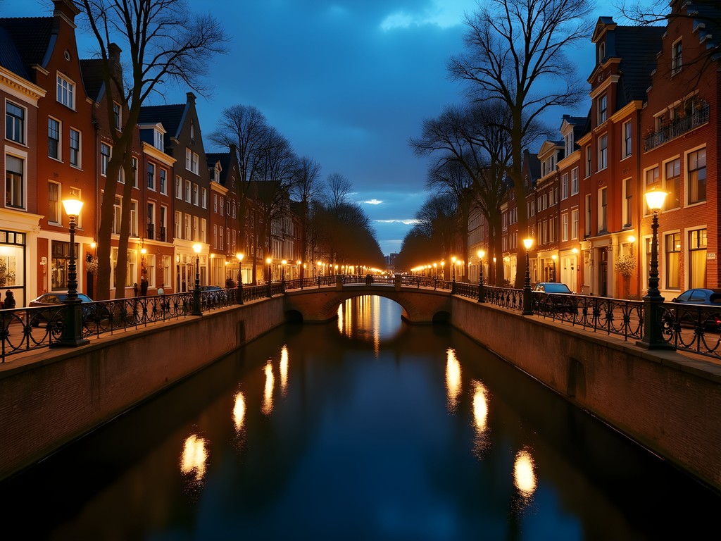 Utrecht's canals illuminated at night with historic buildings and bridges lit up