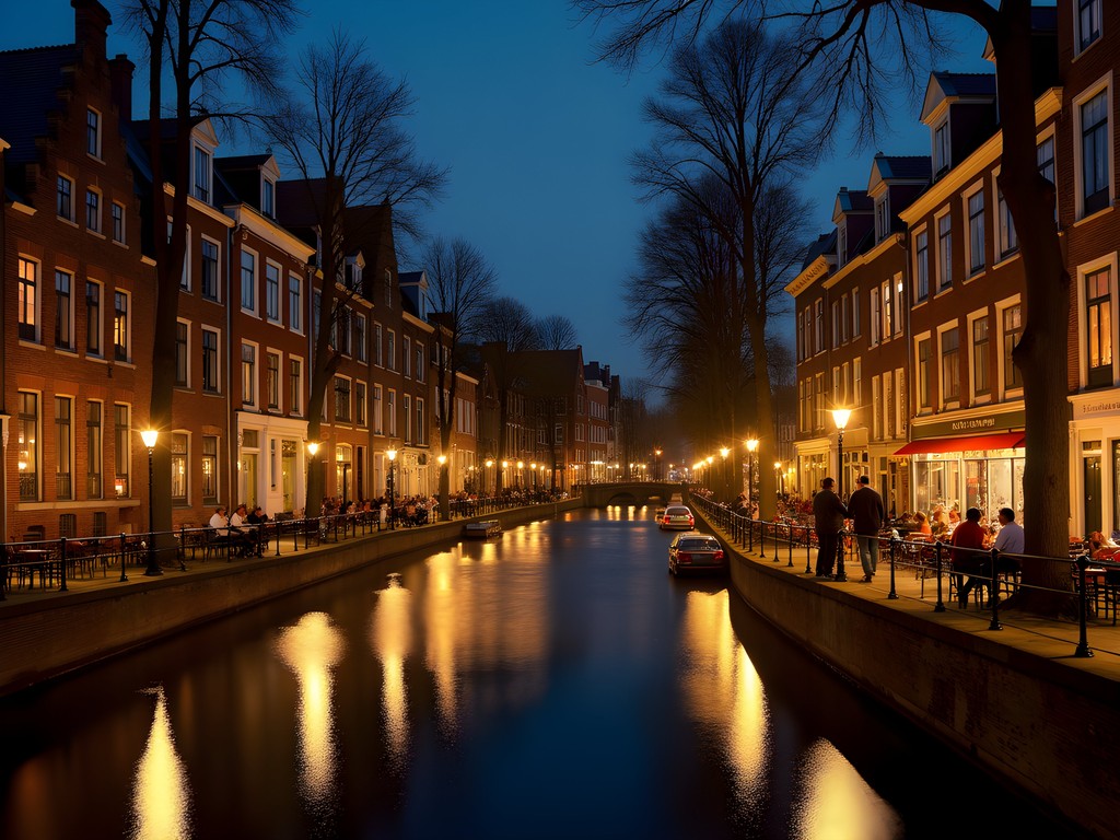 Utrecht's illuminated canals at night with historic cellar bars glowing at wharf level