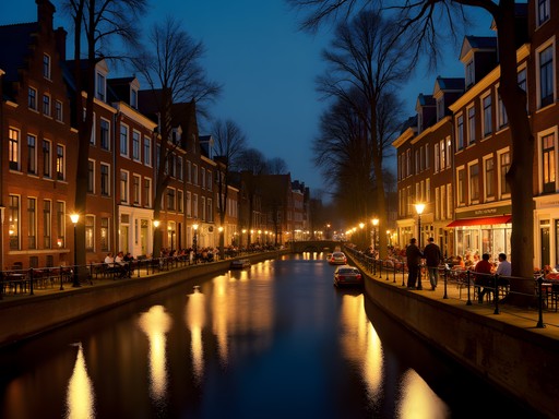 Utrecht's illuminated canals at night with historic cellar bars glowing at wharf level