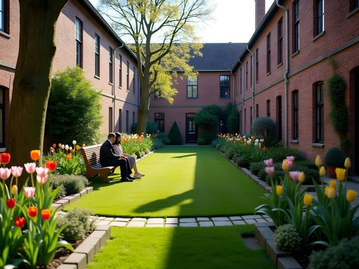 Hidden courtyard garden (hofje) in Utrecht with historic buildings and spring flowers