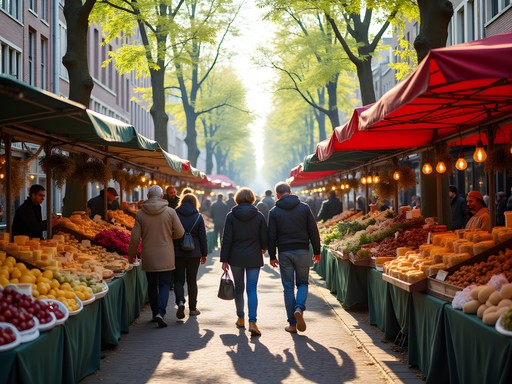 Vredenburg food market in Utrecht with colorful stalls selling Dutch cheeses, flowers, and fresh produce