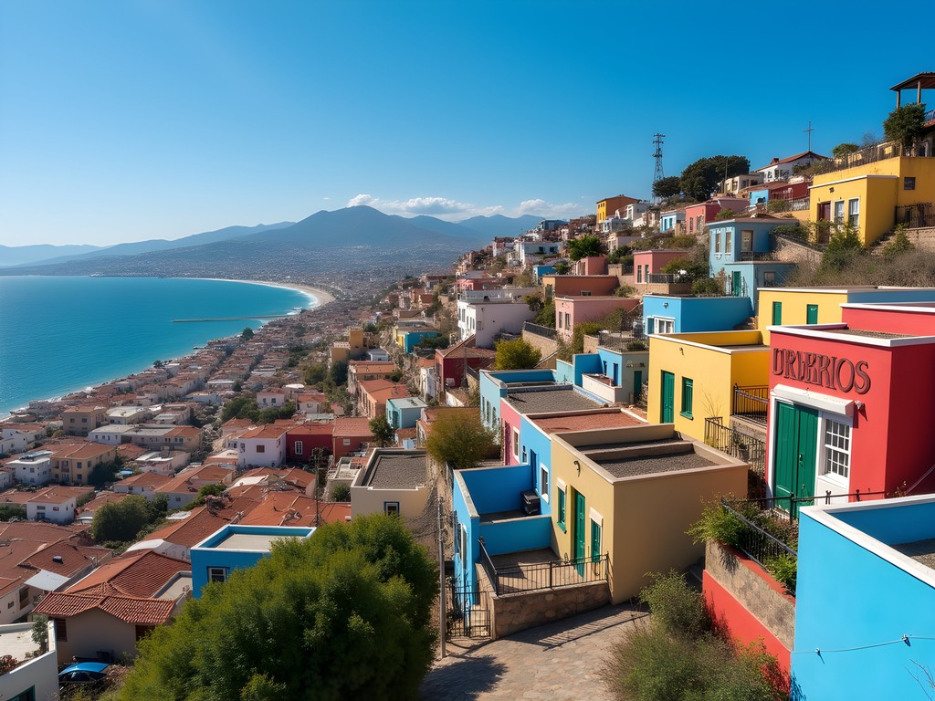 Panoramic view of colorful houses cascading down Valparaíso's hills toward the Pacific Ocean