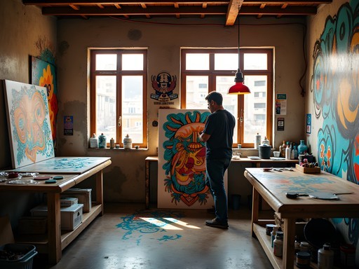 Local street artist working on mural in Valparaíso neighborhood workshop