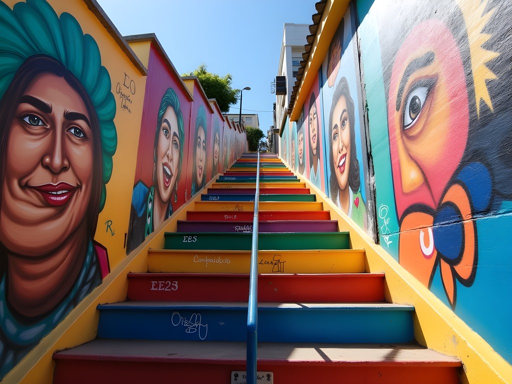 Colorful painted staircase in Valparaíso with murals on surrounding walls