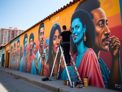 Street artist creating new mural on building wall in Valparaíso