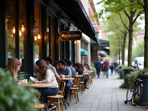 Bustling cafe scene on Main Street in Vancouver with locals enjoying coffee outside