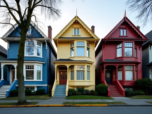 Colorful Victorian and Edwardian houses in Strathcona neighborhood, Vancouver