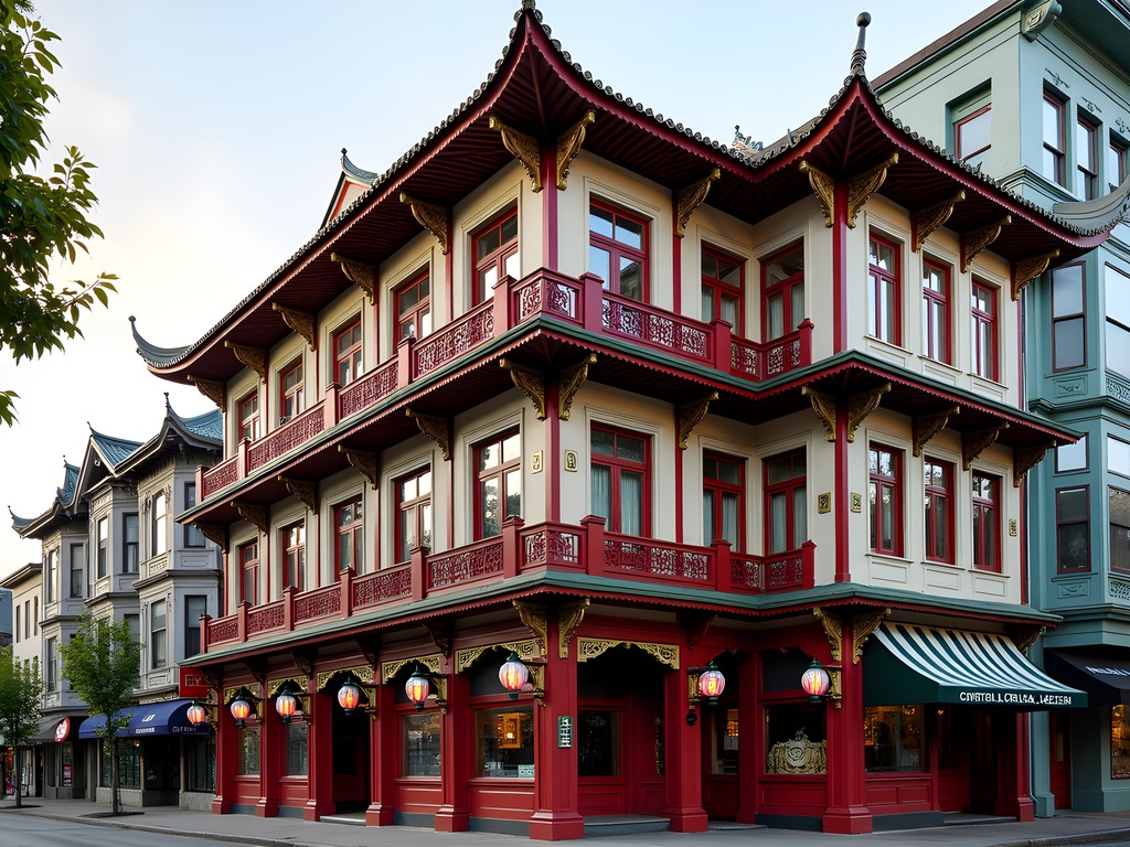 Historic Chinese clan association buildings with distinctive balconies in Vancouver's Chinatown