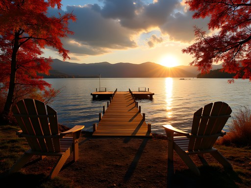 Sunset view of Lake Champlain from Basin Harbor with Adirondack Mountains in the distance