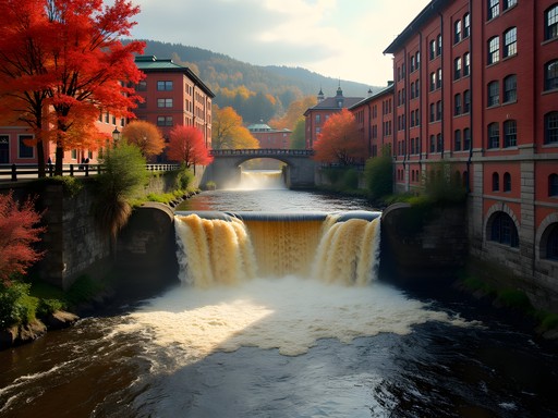Otter Creek Falls in Vergennes with historic mill buildings and fall foliage
