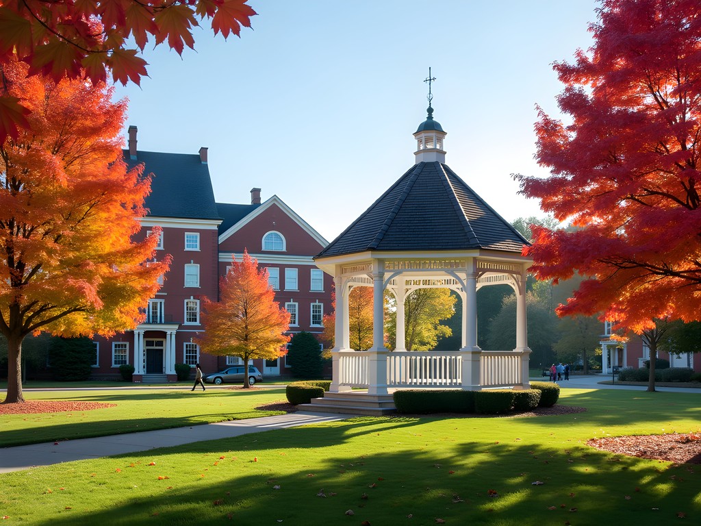 White gazebo in Vergennes City Park surrounded by fall foliage and historic buildings