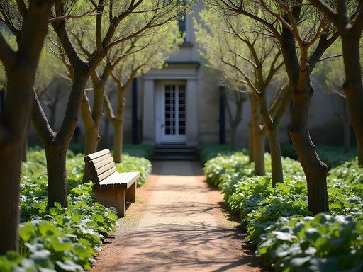 Secluded bench surrounded by espaliered fruit trees in the historic Potager du Roi garden