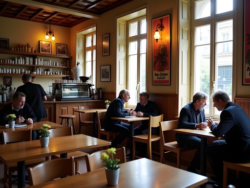 Intimate interior of a traditional French café in Versailles with locals enjoying afternoon coffee
