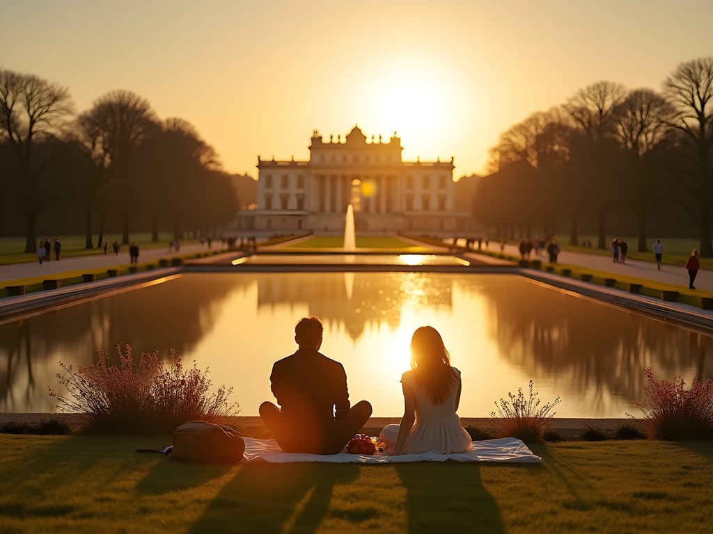 Couple enjoying sunset picnic by the Pièce d'Eau des Suisses with Versailles Palace in the background