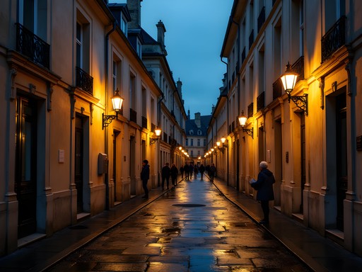 Historic Quartier Saint-Louis in Versailles at twilight with antique street lamps illuminating cobblestone streets