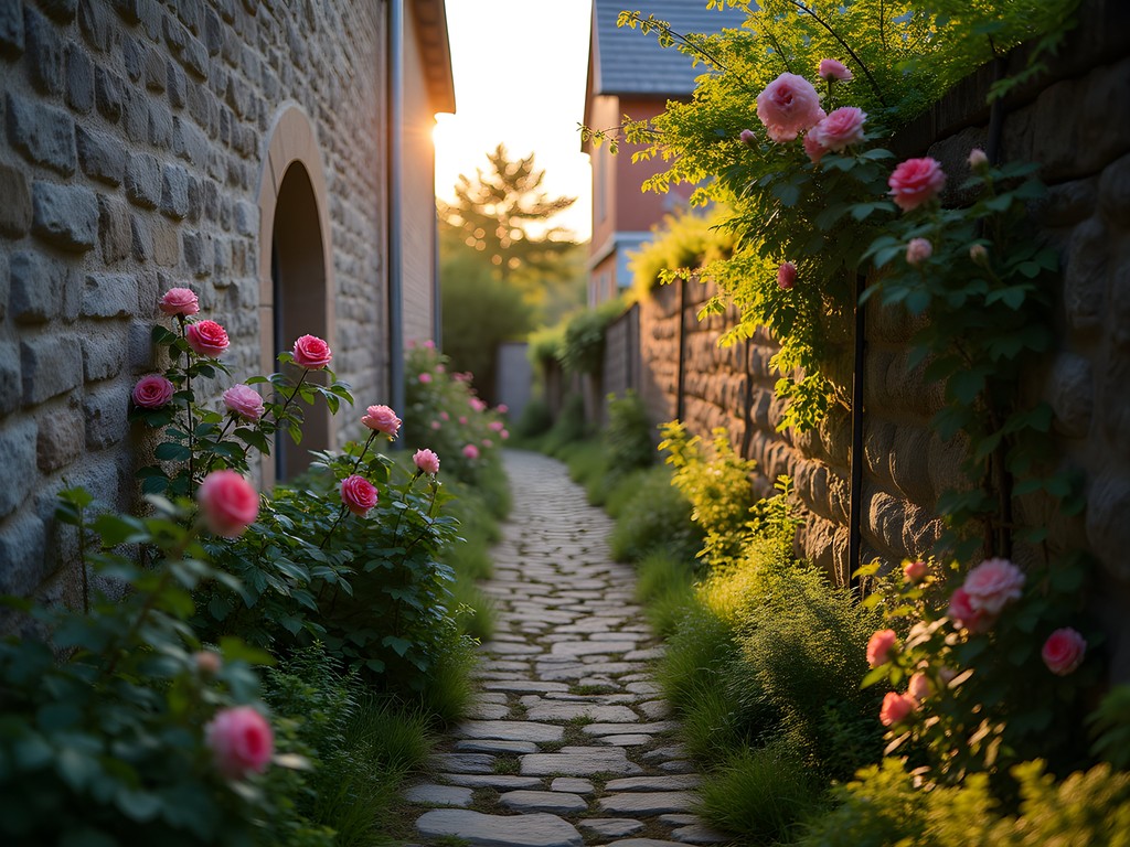Secret rose-covered path along medieval wall in Visby with evening light