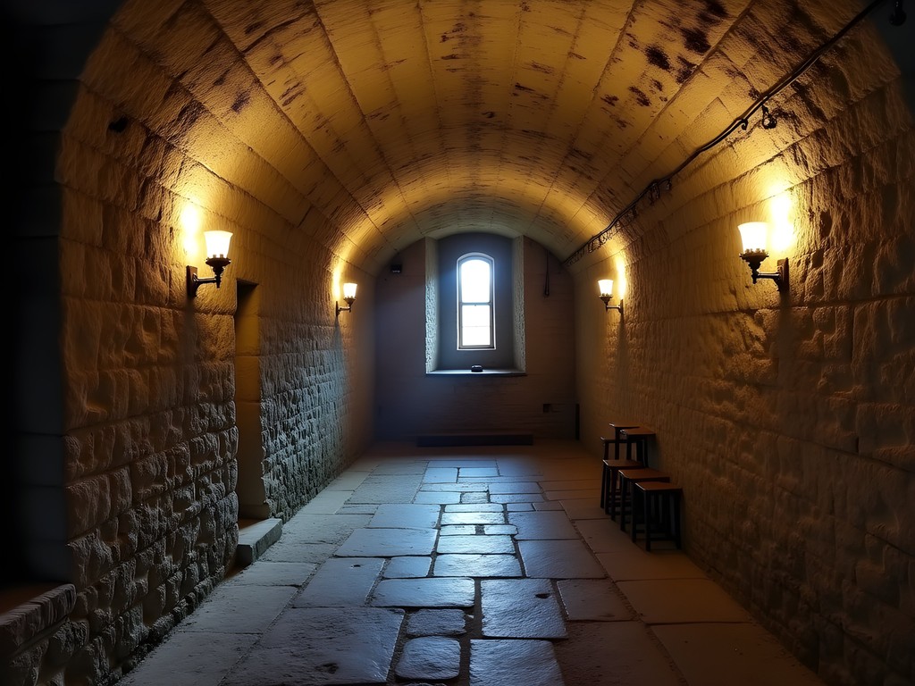 Medieval underground cellar with vaulted ceiling and atmospheric lighting in Visby