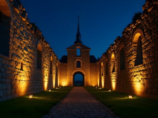 Medieval church ruins in Visby at night with dramatic lighting and starry sky