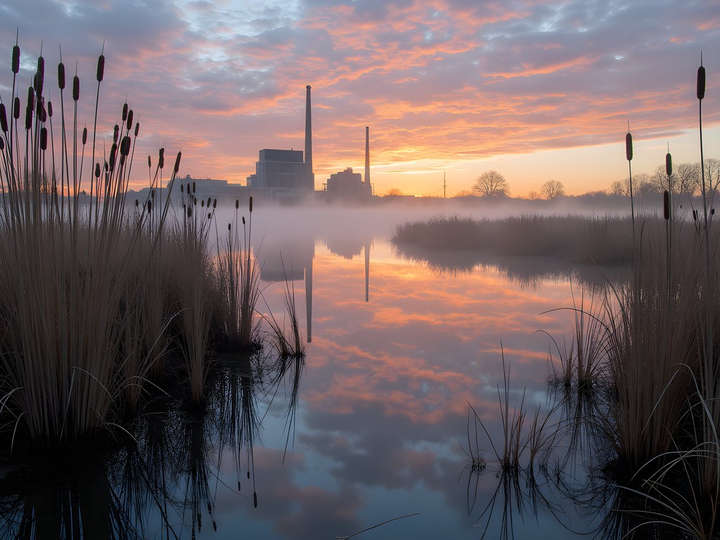 Natural wetlands with industrial skyline backdrop in Warren Michigan urban nature preserve
