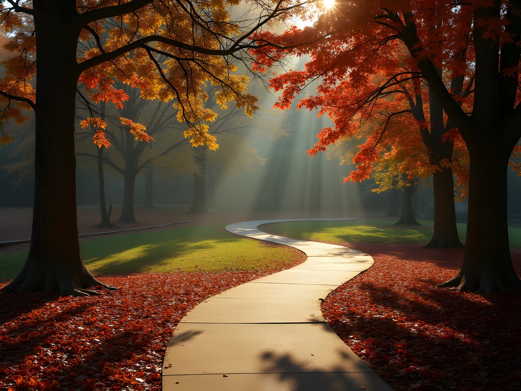 Winding path through Bradbury Park in Waukegan with fall foliage and afternoon light