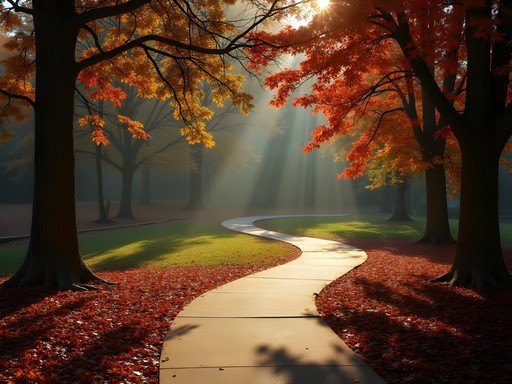 Winding path through Bradbury Park in Waukegan with fall foliage and afternoon light